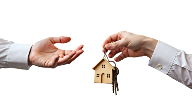Handing over house keys with wooden charm isolated on a transparent background giving - Powered by Adobe