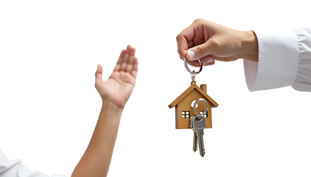 Hand holding house keys offering to another hand isolated on a transparent background