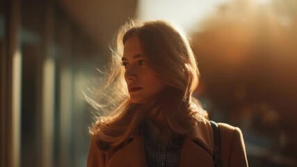 Young woman in autumn coat gazes thoughtfully into the distance during golden hour. Sunlight creates a warm glow around her, highlighting her serene expression