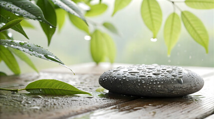 Zen stone with water drops on wooden surface, surrounded by green leaves, spa relaxation concept, tranquility, eco design, balance, nature wellness theme, outdoor spa ad background