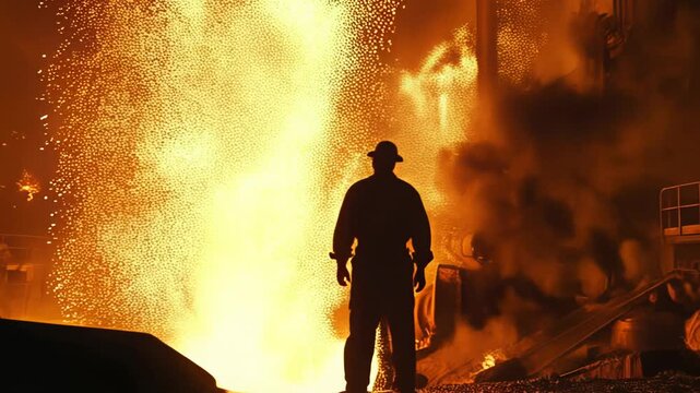 A worker silhouetted against vibrant sparks and explosions in an industrial environment, capturing a dramatic moment.