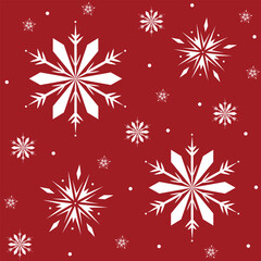 White snowflakes vector seamless pattern on rich red background, festive winter holiday design, bright frosty texture for Christmas wrapping paper, greeting cards, textile prints and seasonal decor