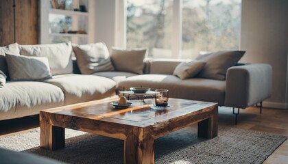 Cozy living room with wooden coffee table