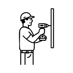 A construction worker wearing a helmet uses a power drill to mount a signboard, representing craftsmanship, labor, and technical skill in building or renovation projects.