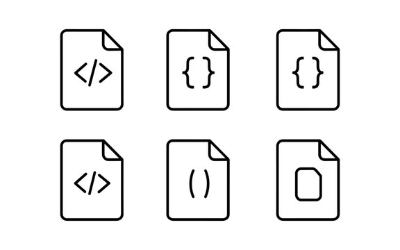 Minimalistic icons of code files with html, css, and javascript symbols in black line art