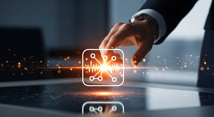 A hand interacting with a glowing digital interface displaying a circuit diagram on a dark surface