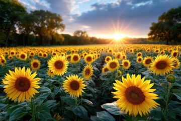 Fototapeta premium Golden Sunflower Field at Sunset with Trees
