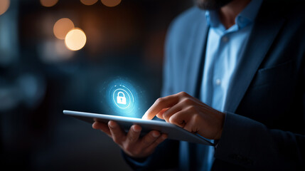 Close up faceless businessman using digital tablet with holographic security lock icon overlay cybersecurity data protection encryption technology AI security system online