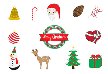 Twelve colorful flat icons with a Christmas theme, featuring Christmas trees, reindeer, Santa Claus, snowmen, and more, suitable for stickers, Christmas decorations, card designs, keychains,