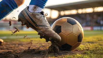 Fototapeta premium Low-Angle, Dynamic Close-Up of a Soccer Player's Muddy Cleat Kicking a Ball on a Wet Field at Sunset