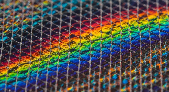 Metallic grid mesh with rainbow iridescent reflections representing biopolymer structure and bioprinting technology concept
