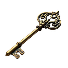 Ornate antique brass key with intricate scrollwork isolated on a transparent background