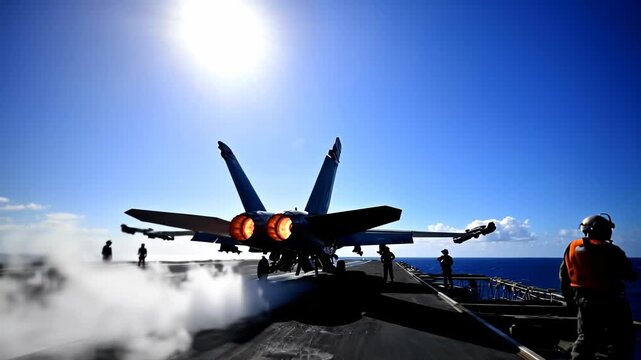 Silhouette of a fighter jet taking off from an aircraft carrier deck, blasting hot jet exhaust against a bright sun and blue sky