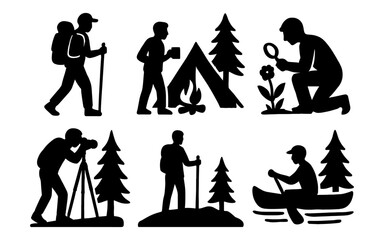 Silhouette of outdoor adventure activities with hiking, camping, and canoeing themes