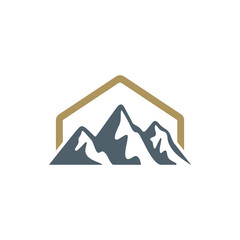 A stylized mountain range is framed by an abstract building outline.
