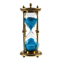 Ornate hourglass with bright blue sand isolated on a transparent background sand timer