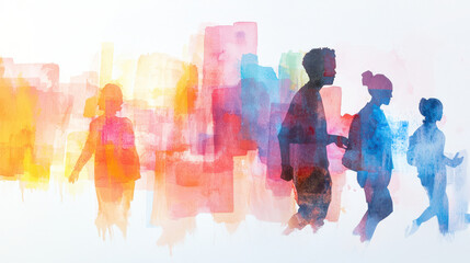 Colorful silhouettes of people walking in abstract watercolor style, conveying movement and vibrancy in lively urban setting