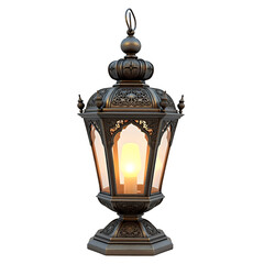 Ornate Dark Metal Lantern With Glowing Light isolated on a transparent background image