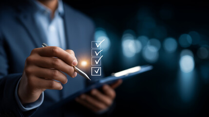 Faceless businessman presenting online document validation icon interface quality assessment management checklist business evaluation process market data report analysis consul