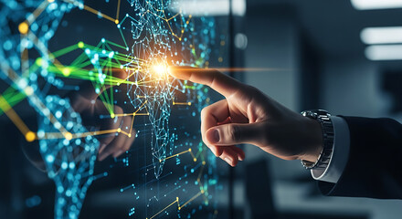 A hand touching a glowing network on a screen with a watch and suit sleeve visible in the image