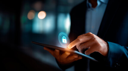 Close up faceless businessman using digital tablet with holographic security lock icon cybersecurity data protection concept encryption technology AI security system online