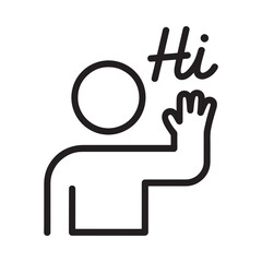 Simple line art icon of a person waving hello with the word hi © MDMINTU
