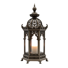 Ornate metal lantern with lit candle isolated on a transparent background antique