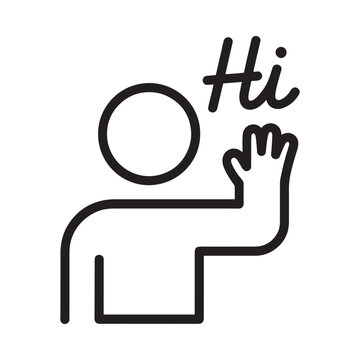 Simple line art icon of a person waving hello with the word hi