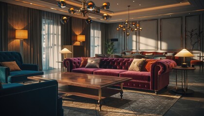 Elegant living room interior with velvet sofa
