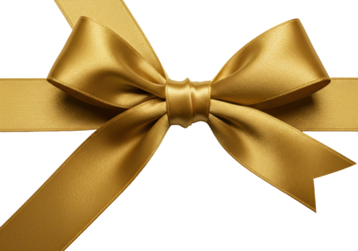 Golden satin ribbon, elegant bow with taut loop, shimmering folds, lustrous weave, isolated on transparent, soft shadow, concept of opulent elegance.