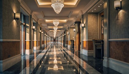 Hotel corridor with chandeliers and marble floor