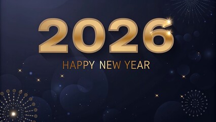 Golden happy new year text with fireworks on a dark blue background for year two thousand twenty six