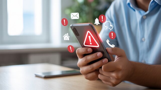 A man receives urgent notifications on his phone, highlighting a potential issue or alert. The phone shows the warning sign in the screen. - Powered by Adobe