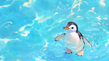 Fototapeta premium Cute penguin swimming in clear blue water, surrounded by shimmering reflections, evokes sense of joy and playfulness
