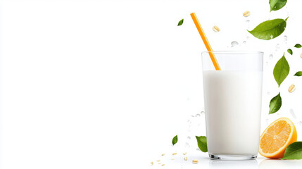 Fresh milk with straw, surrounded by lemon slices and green leaves, evokes refreshing and healthy vibe