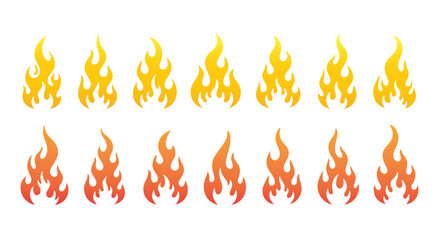 Collection of stylized flame icons in various sizes and shades of yellow, orange, and red, representing fire and heat