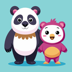 Cute cartoon panda and small pink bear friend standing together with happy expressions isolated on white background isolated on transparent background silhouette
