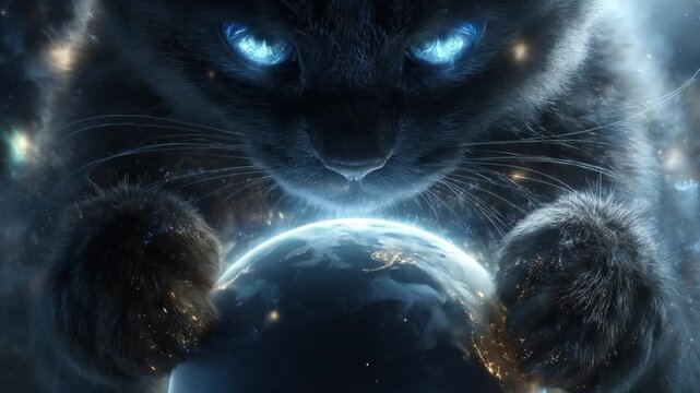 Majestic Cosmic Feline with Glowing Blue Eyes Holding a Luminous Planet, Dark Fantasy Space Art, Mystical Guardian.