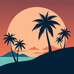 Tropical sunset silhouette with palm trees over the ocean and distant islands isolated on white background isolated on transparent background