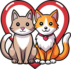 Cat and dog forming heart outline isolated on white background isolated on transparent background