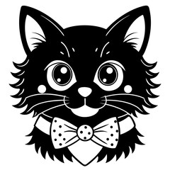 Adorable black cat face with big expressive eyes and a polka dot bow tie silhouette isolated on white background isolated on transparent background