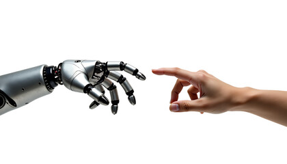 Robotic arm and human finger reaching isolated on a transparent background robot arm human hand