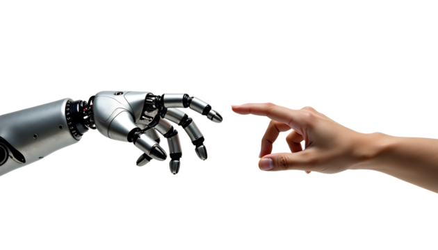 Robotic arm and human finger reaching isolated on a transparent background robot arm human hand
