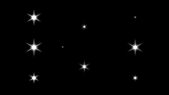 Twinkle glitter stars sparkling on black screen, white doodle cartoon star shine animation overlay, magical night sky festive sparkle glow effect, starry twinkle light 4K seamless looping motion