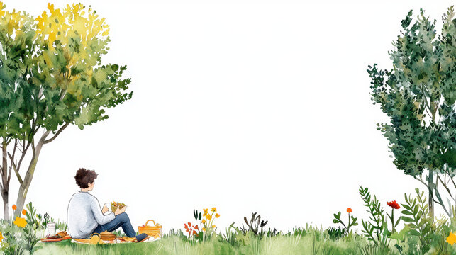 Serene picnic scene featuring person sitting grass surrounded by trees and colorful flowers. atmosphere conveys relaxation and enjoyment of nature