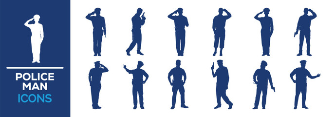 A set of dark blue silhouettes of male police officers in various poses, including saluting, standing, and holding a handgun. Ideal for icons and design elements.