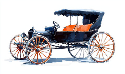 Vintage car illustration features classic design with black body and orange seats, evoking nostalgia and charm