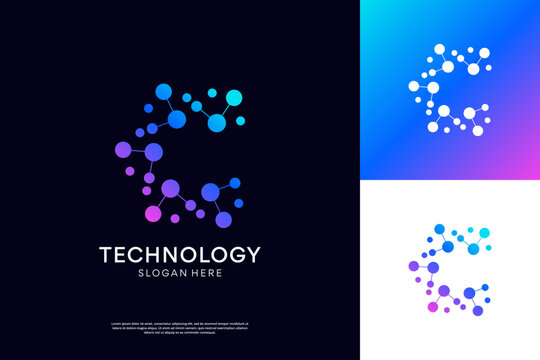 Molecular structure logo design. Initial letter C connect logo icon template.