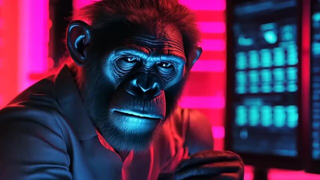 Chimpanzee Stares Intensely at Dual Computer Screens Illuminated with Neon Lights