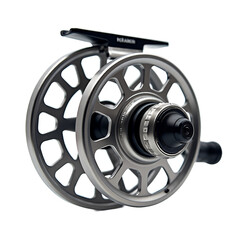 Silver fishing reel with black accents isolated on a transparent background fly fishing
